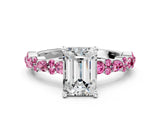 White gold Emerald Cut Diamond Side Stone Solitaire Ring with Round with Pink Sapphire side stone and Four-Prong Setting