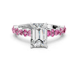 White gold Emerald Cut Diamond Side Stone Solitaire Ring with Round with Pink Sapphire side stone and Four-Prong Setting
