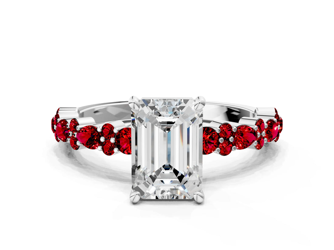 White gold Emerald Cut Diamond Side Stone Solitaire Ring with Round with Ruby side stone and Four-Prong Setting