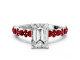 White gold Emerald Cut Diamond Side Stone Solitaire Ring with Round with Ruby side stone and Four-Prong Setting