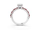 White gold Emerald Cut Diamond Side Stone Solitaire Ring with Round with Ruby side stone and Four-Prong Setting_3