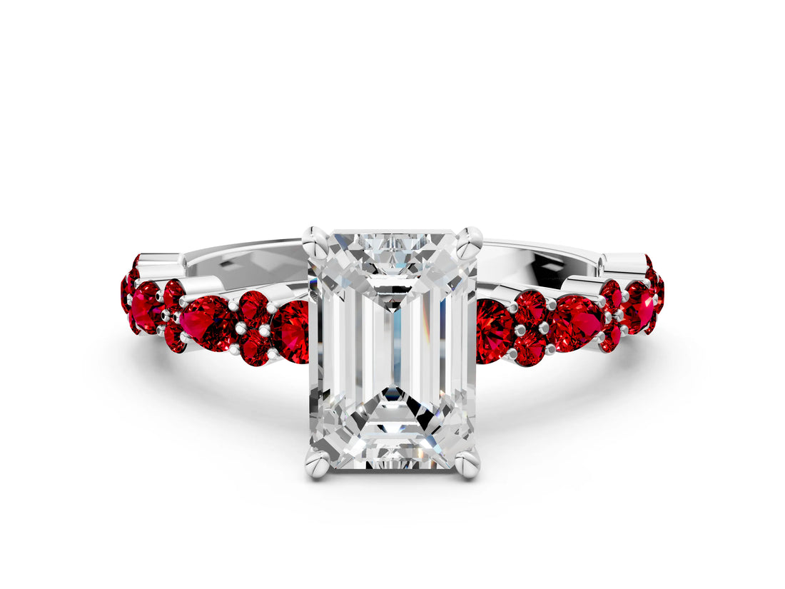 White gold Emerald Cut Diamond Side Stone Solitaire Ring with Round with Ruby side stone and Four-Prong Setting
