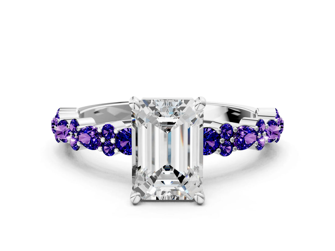White gold Emerald Cut Diamond Side Stone Solitaire Ring with Round with Tanzanite side stone and Four-Prong Setting