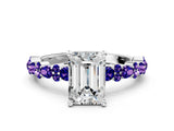 White gold Emerald Cut Diamond Side Stone Solitaire Ring with Round with Tanzanite side stone and Four-Prong Setting