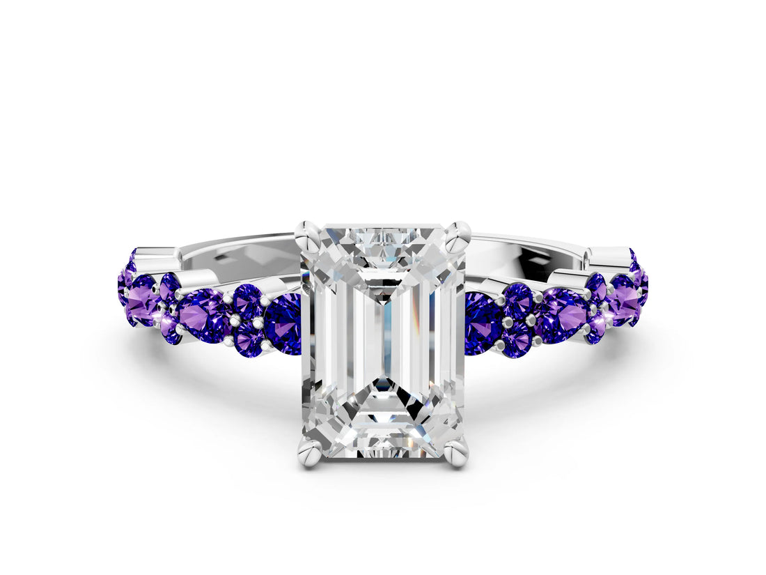 White gold Emerald Cut Diamond Side Stone Solitaire Ring with Round with Tanzanite side stone and Four-Prong Setting_36