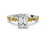 White gold Emerald Cut Diamond Side Stone Solitaire Ring with Round with Yellow Sapphire side stone and Four-Prong Setting