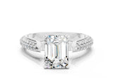 White gold Emerald Cut Diamond Solitaire Engagement Ring with Pavé Band and Four-Prong Setting