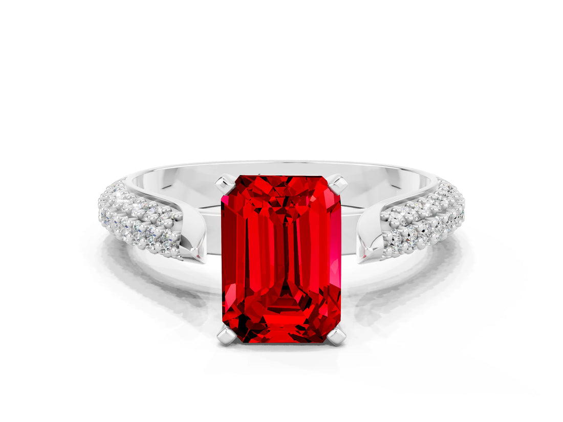 White gold Emerald Cut Diamond Solitaire Engagement Ring with Pavé Band and Four-Prong Setting