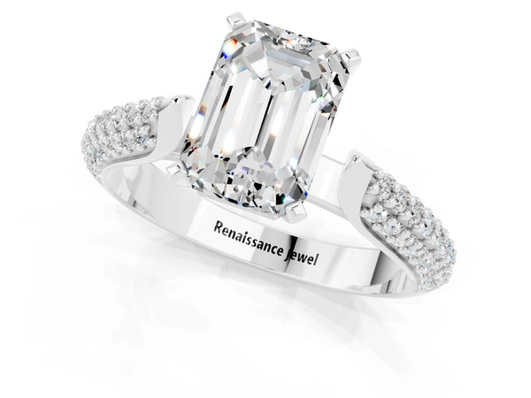 Platinum Emerald Cut Moissanite Solitaire Engagement Ring with Multi-Row Round Pavé Band and Prong Setting