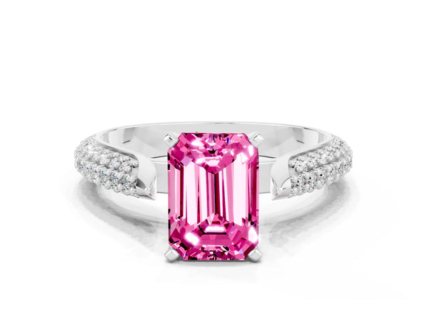 Silver Emerald Cut Pink Sapphire Solitaire Engagement Ring with Multi-Row Round Pavé Band and Prong Setting