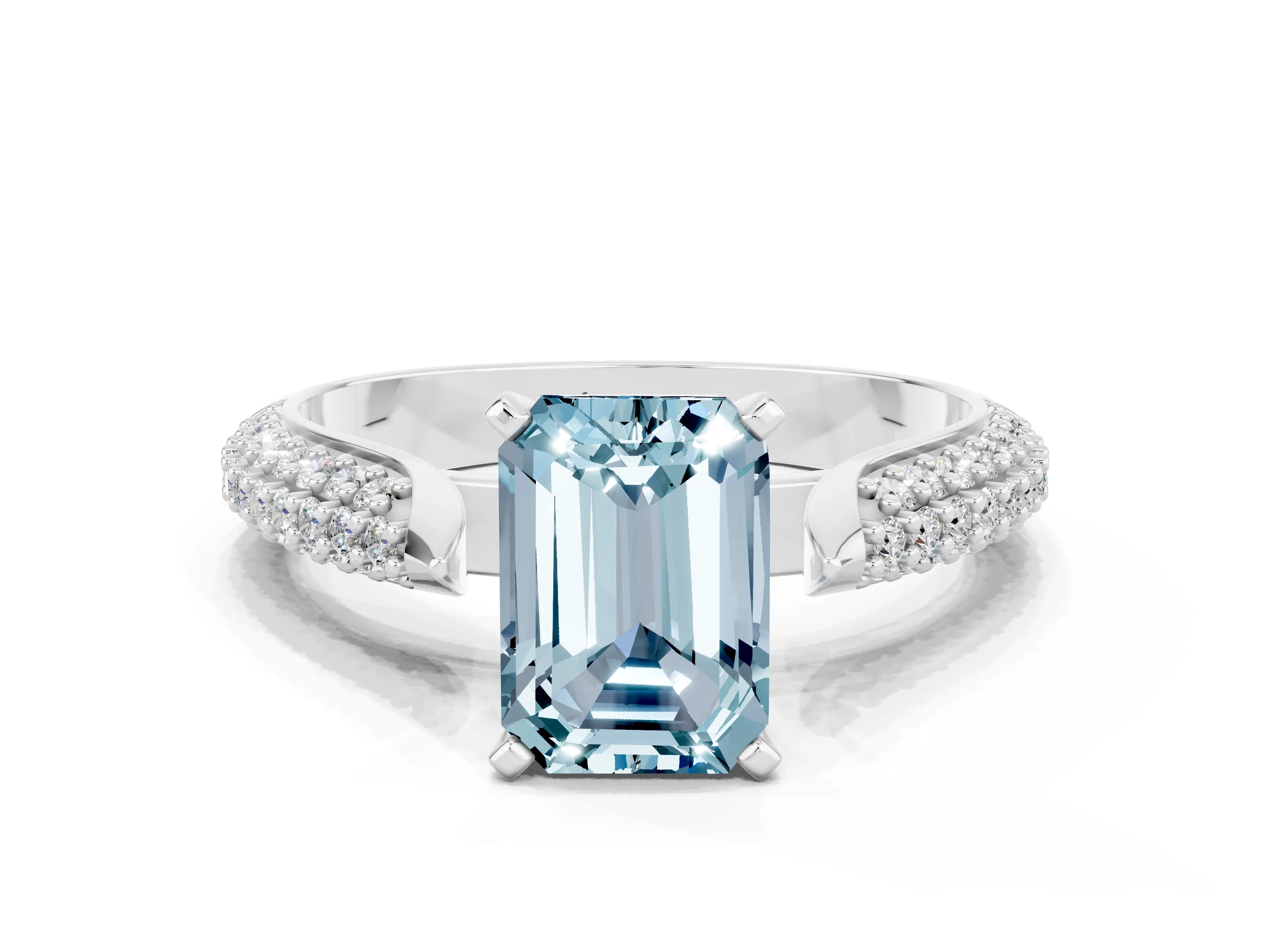White gold Emerald Cut Diamond Solitaire Engagement Ring with Pavé Band and Four-Prong Setting