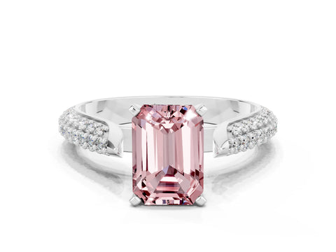White gold Emerald Cut Diamond Solitaire Engagement Ring with Pavé Band and Four-Prong Setting