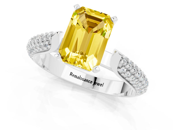 Platinum Emerald Cut Yellow Sapphire Solitaire Engagement Ring with Multi-Row Round Pavé Band and Prong Setting