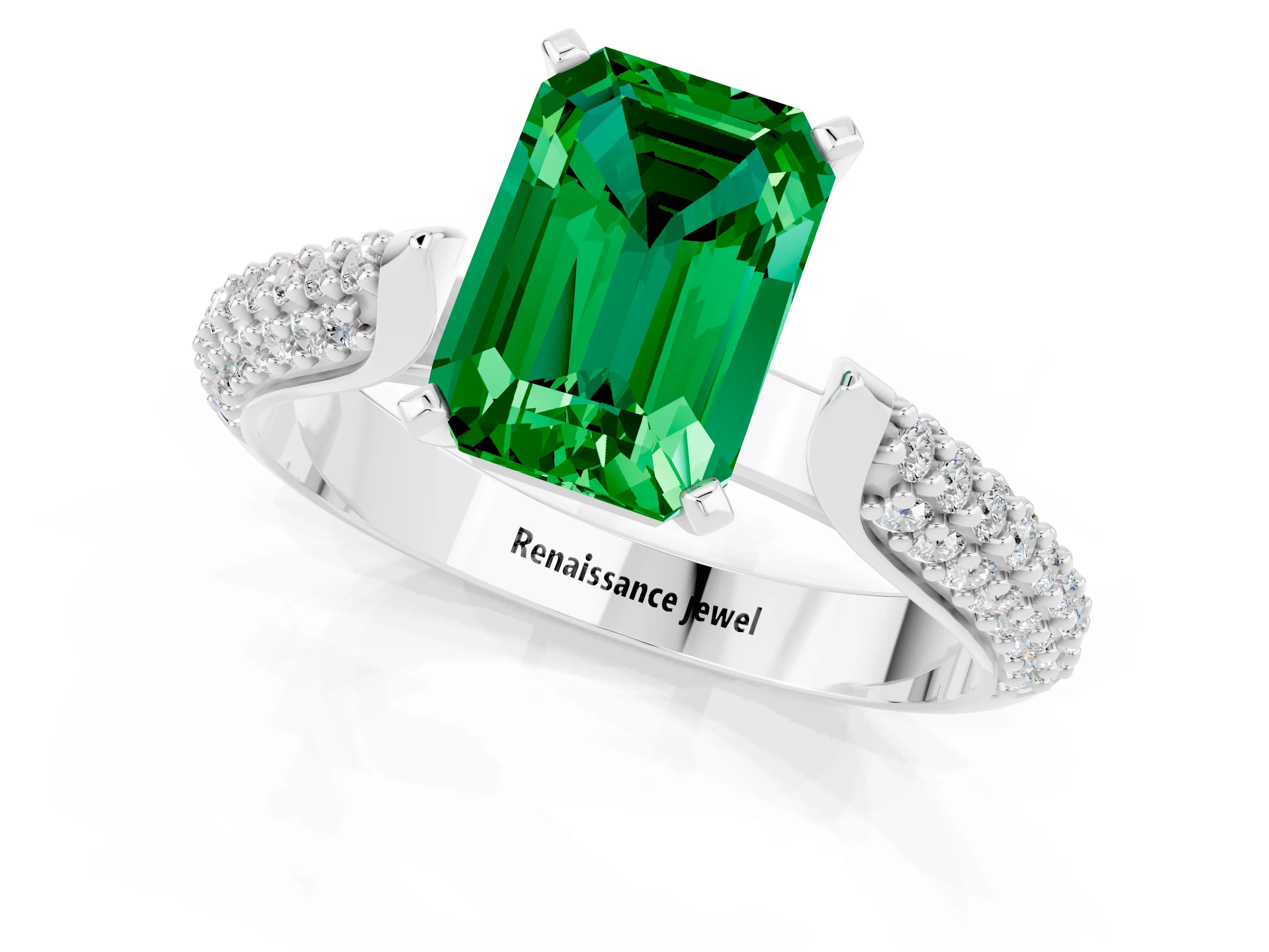 White gold Emerald Cut Diamond Solitaire Engagement Ring with Pavé Band and Four-Prong Setting_1