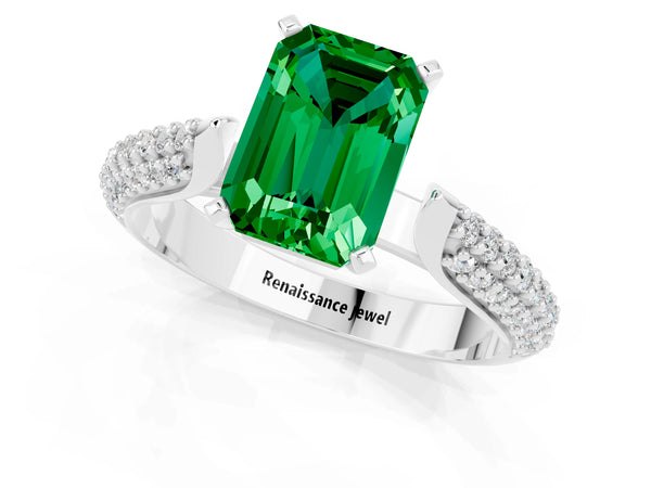 Silver Emerald Cut Emerald Solitaire Engagement Ring with Multi-Row Round Pavé Band and Prong Setting