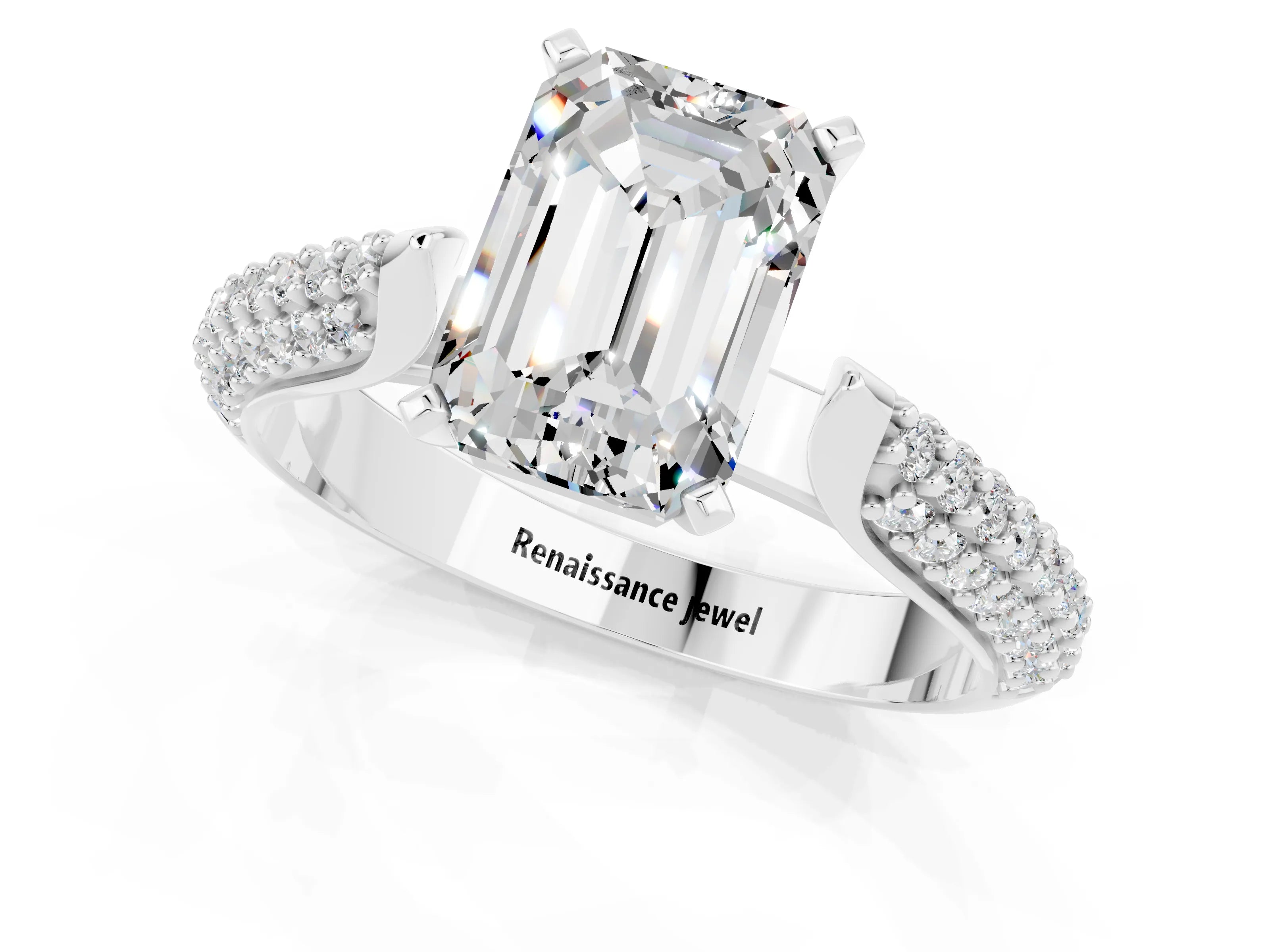 White gold Emerald Cut Diamond Solitaire Engagement Ring with Pavé Band and Four-Prong Setting_1