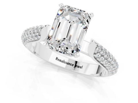 White gold Emerald Cut Diamond Solitaire Engagement Ring with Pavé Band and Four-Prong Setting_1