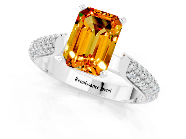 White gold Emerald Cut Citrine Solitaire Engagement Ring with Multi-Row Round Pavé Band and Prong Setting