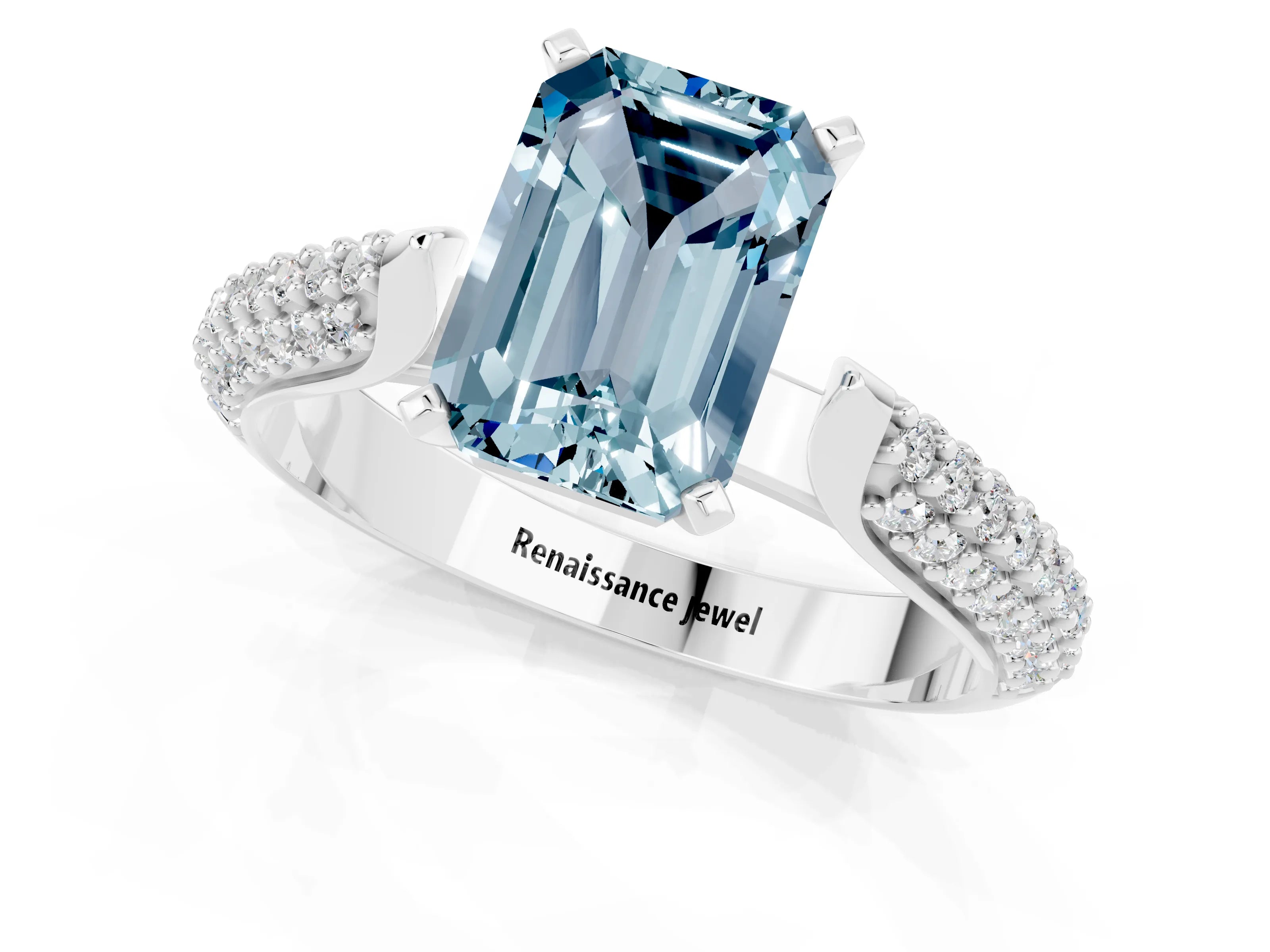 White gold Emerald Cut Diamond Solitaire Engagement Ring with Pavé Band and Four-Prong Setting_1