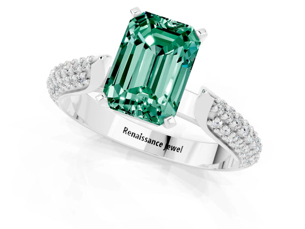 Platinum Emerald Cut Green Sapphire Solitaire Engagement Ring with Multi-Row Round Pavé Band and Prong Setting