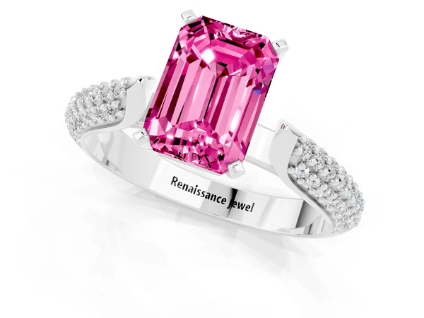 Platinum Emerald Cut Pink Sapphire Solitaire Engagement Ring with Multi-Row Round Pavé Band and Prong Setting