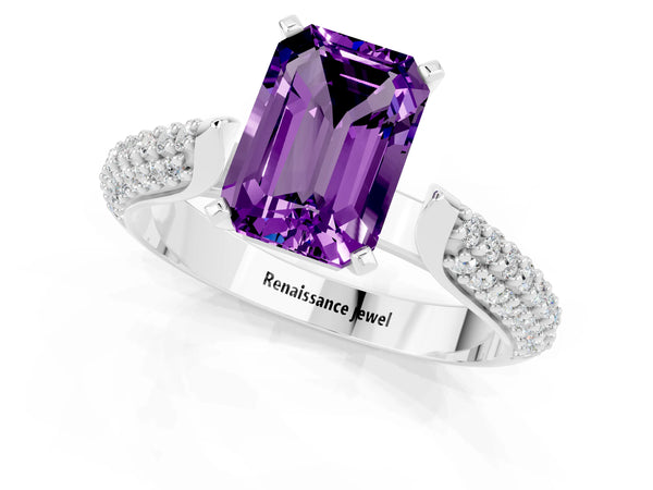 Platinum Emerald Cut Amethyst Solitaire Engagement Ring with Multi-Row Round Pavé Band and Prong Setting