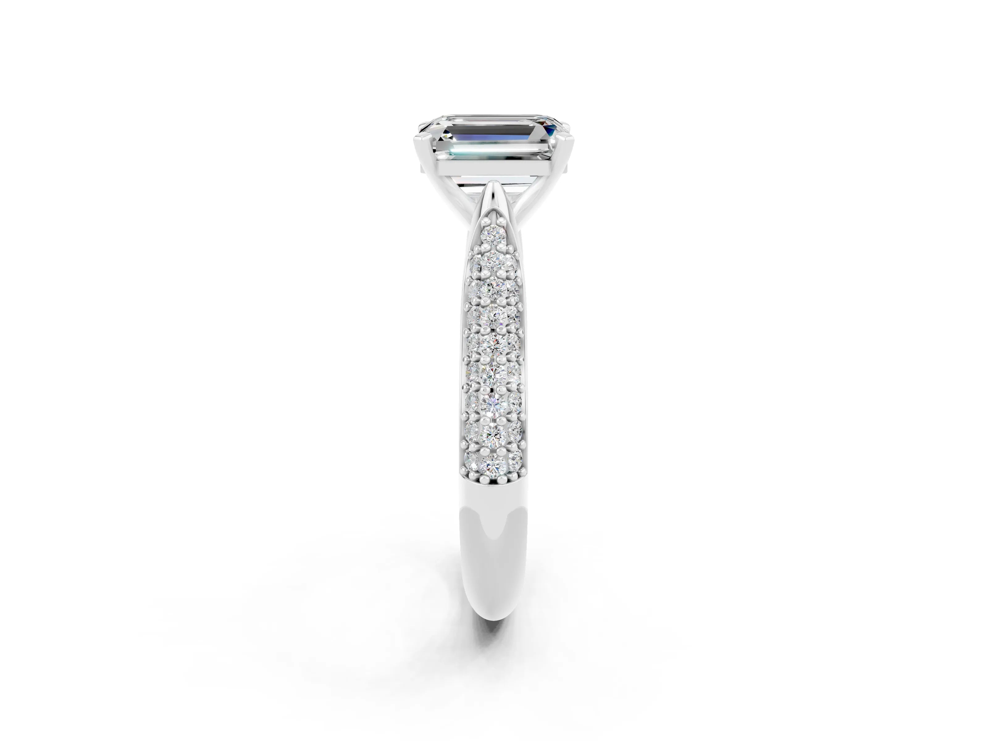 White gold Emerald Cut Diamond Solitaire Engagement Ring with Pavé Band and Four-Prong Setting_2