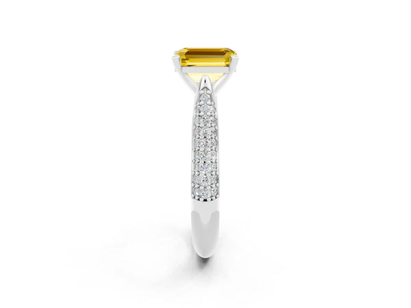 Platinum Emerald Cut Yellow Sapphire Solitaire Engagement Ring with Multi-Row Round Pavé Band and Prong Setting