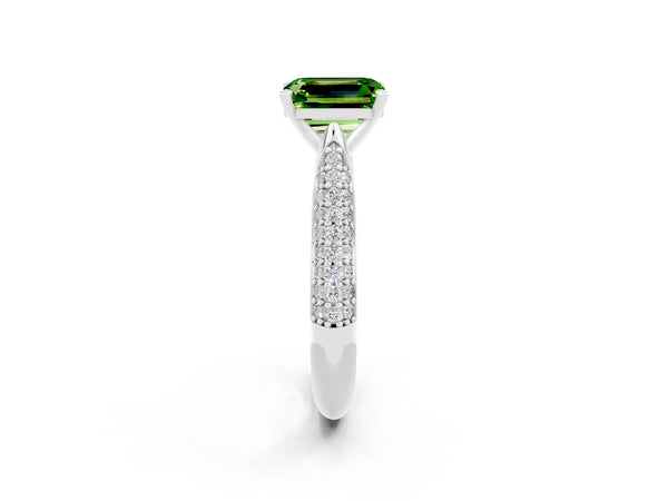 Platinum Emerald Cut Diamond Solitaire Engagement Ring with Pavé Band and Four-Prong Setting