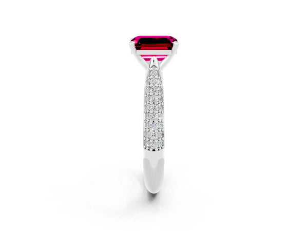 White gold Emerald Cut Garnet Solitaire Engagement Ring with Multi-Row Round Pavé Band and Prong Setting