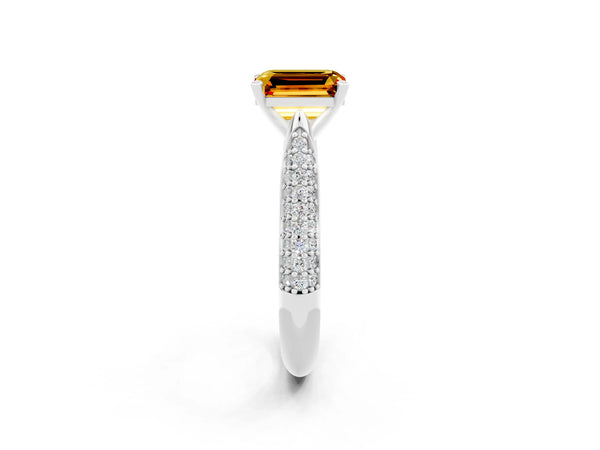 Platinum Emerald Cut Citrine Solitaire Engagement Ring with Multi-Row Round Pavé Band and Prong Setting