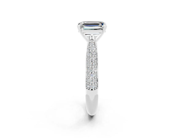 Silver Emerald Cut Moissanite Solitaire Engagement Ring with Multi-Row Round Pavé Band and Prong Setting