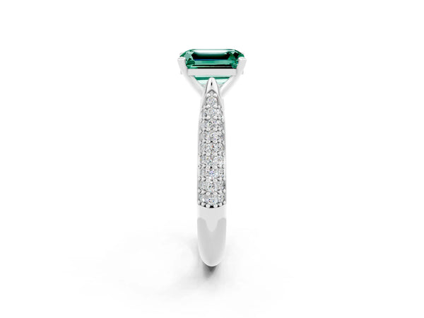 Platinum Emerald Cut Green Sapphire Solitaire Engagement Ring with Multi-Row Round Pavé Band and Prong Setting