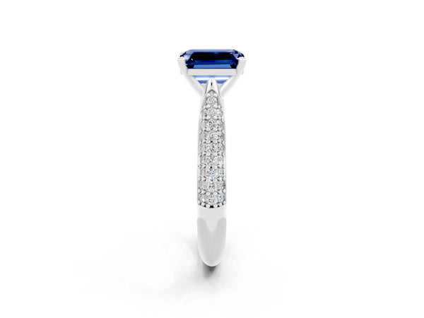 Platinum Emerald Cut Blue Sapphire Solitaire Engagement Ring with Multi-Row Round Pavé Band and Prong Setting
