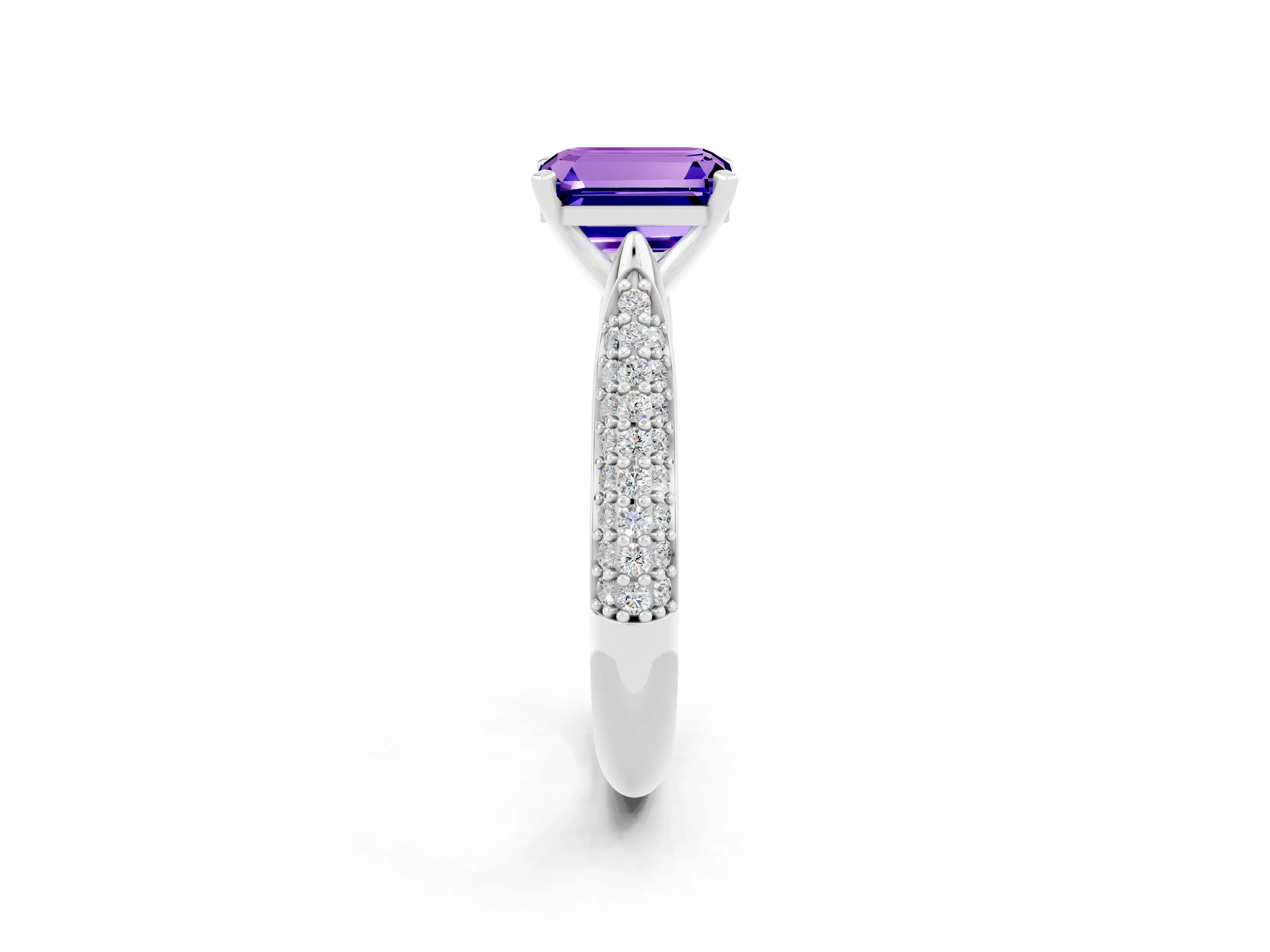 White gold Emerald Cut Diamond Solitaire Engagement Ring with Pavé Band and Four-Prong Setting_2