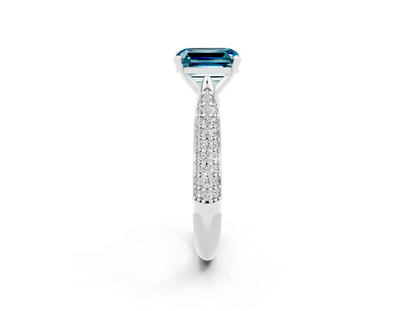 Silver Emerald Cut Diamond Solitaire Engagement Ring with Pavé Band and Four-Prong Setting