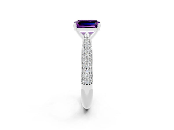 Platinum Emerald Cut Amethyst Solitaire Engagement Ring with Multi-Row Round Pavé Band and Prong Setting