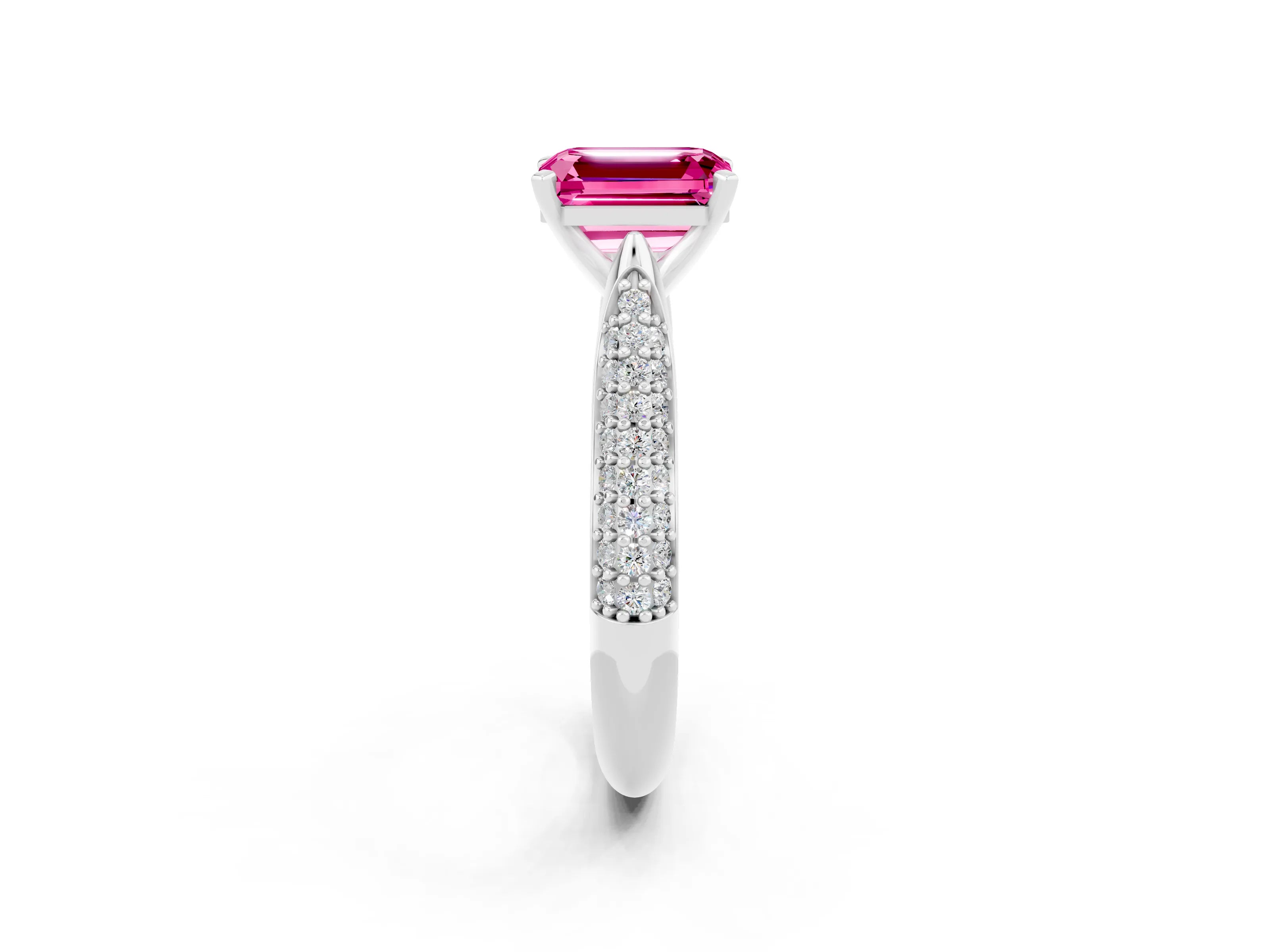 White gold Emerald Cut Diamond Solitaire Engagement Ring with Pavé Band and Four-Prong Setting_2