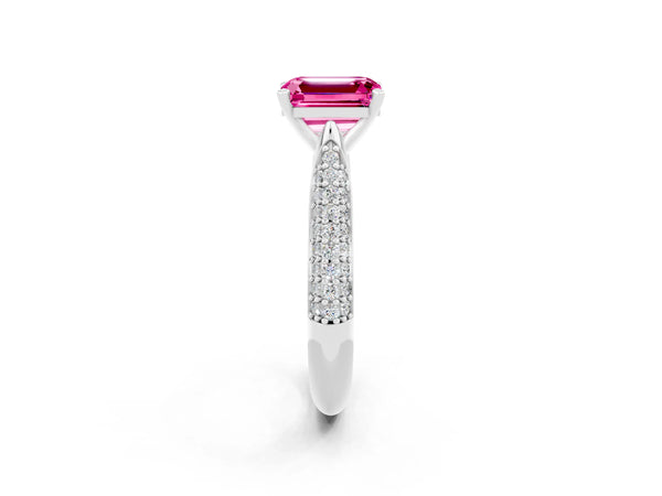 Platinum Emerald Cut Pink Sapphire Solitaire Engagement Ring with Multi-Row Round Pavé Band and Prong Setting