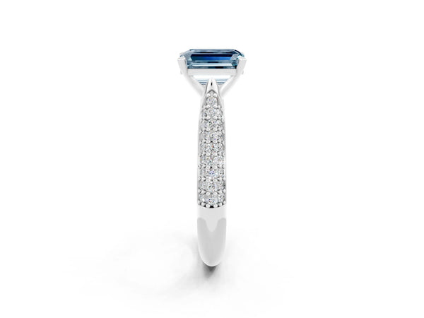 Platinum Emerald Cut Aquamarine Solitaire Engagement Ring with Multi-Row Round Pavé Band and Prong Setting