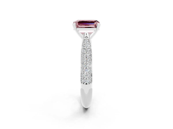 Platinum Emerald Cut Diamond Solitaire Engagement Ring with Pavé Band and Four-Prong Setting