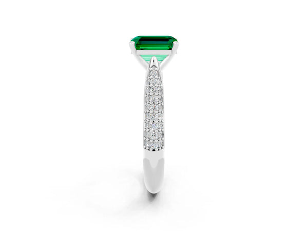 Platinum Emerald Cut Emerald Solitaire Engagement Ring with Multi-Row Round Pavé Band and Prong Setting