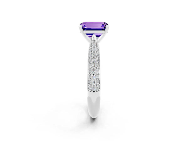 Silver Emerald Cut Tanzanite Solitaire Engagement Ring with Multi-Row Round Pavé Band and Prong Setting