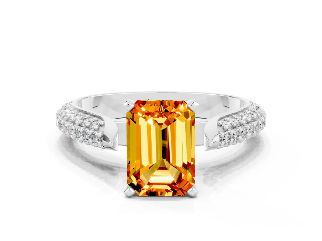 White gold Emerald Cut Diamond Solitaire Engagement Ring with Pavé Band and Four-Prong Setting