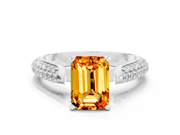 Platinum Emerald Cut Citrine Solitaire Engagement Ring with Multi-Row Round Pavé Band and Prong Setting