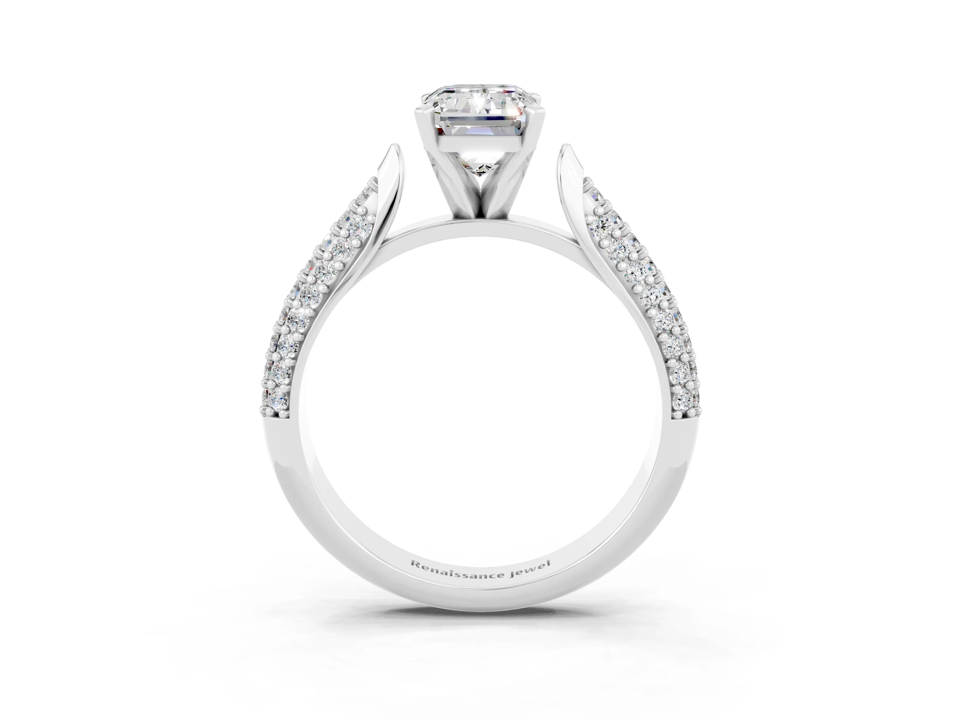 White gold Emerald Cut Diamond Solitaire Engagement Ring with Pavé Band and Four-Prong Setting_3