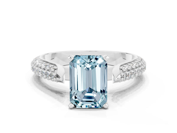 Silver Emerald Cut Aquamarine Solitaire Engagement Ring with Multi-Row Round Pavé Band and Prong Setting