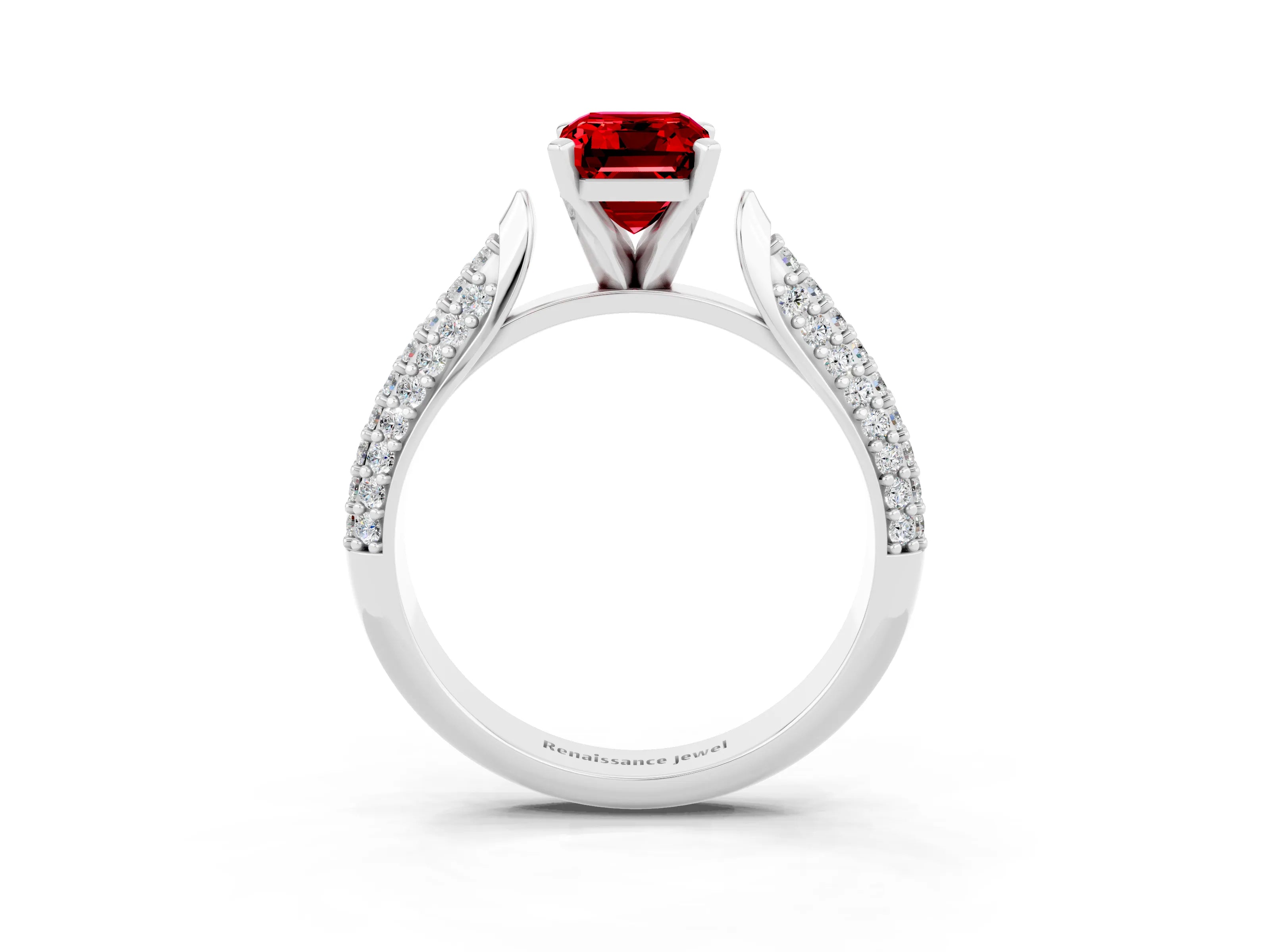 White gold Emerald Cut Diamond Solitaire Engagement Ring with Pavé Band and Four-Prong Setting_3