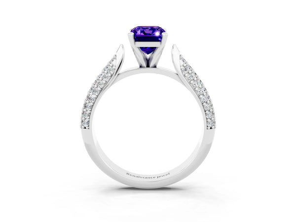 Platinum Emerald Cut Tanzanite Solitaire Engagement Ring with Multi-Row Round Pavé Band and Prong Setting