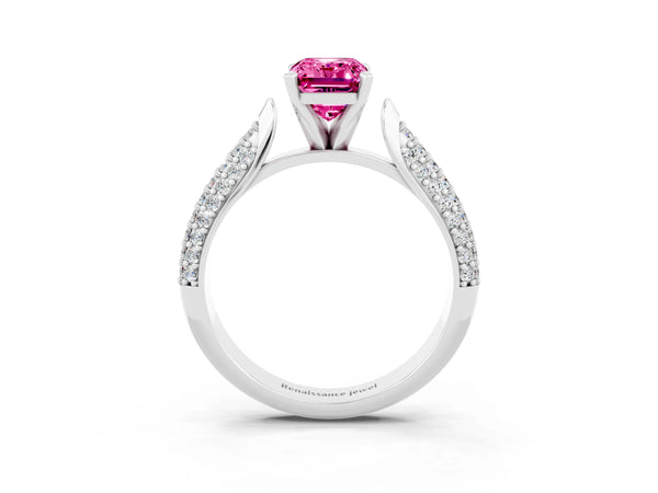 Silver Emerald Cut Pink Sapphire Solitaire Engagement Ring with Multi-Row Round Pavé Band and Prong Setting
